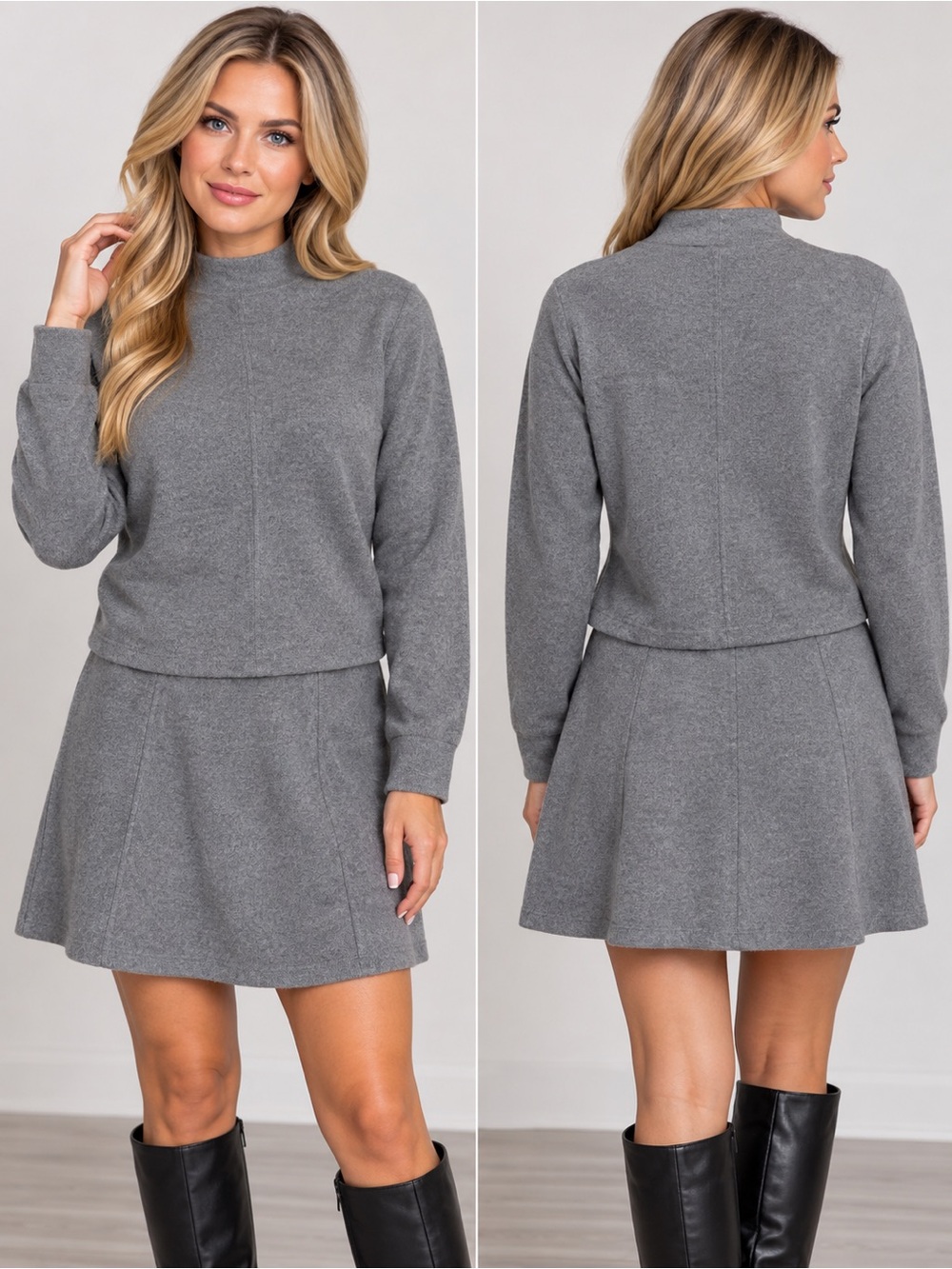 2 piece set top and bottoms skirt  Mock Neck Grey Sweater